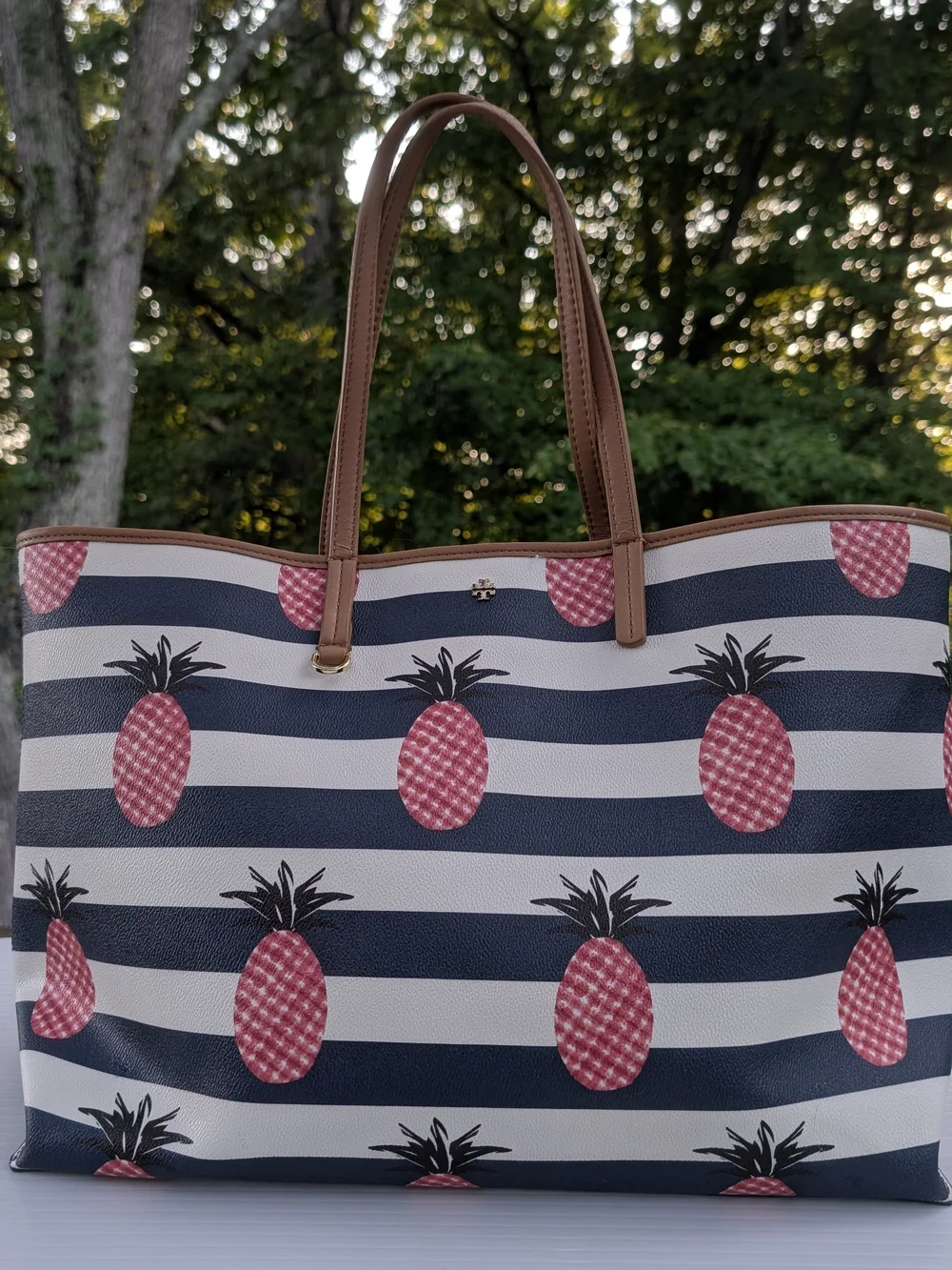 Tory Burch Kerrington Navy Stripe Pineapple Tote Bag - Pink Pineapple Print